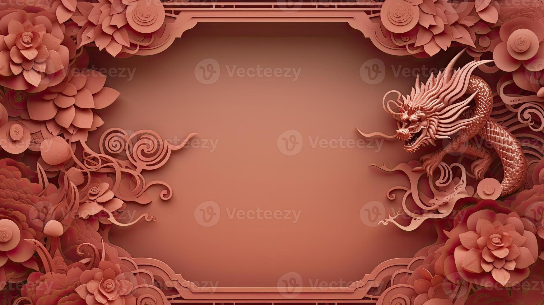 AI generated Chinese New Year theme plain background with dragon sign, typical Chinese frames on each side. luxury style of paper cut art. photo