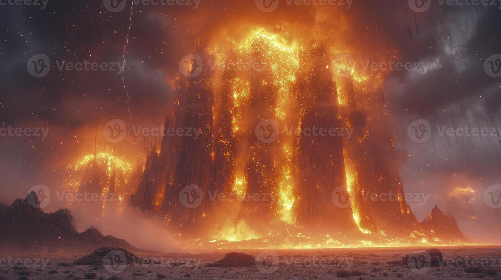 AI generated a dramatic atmosphere with sand tornadoes in the desert at night, illuminated by fiery lightning bolts. photo