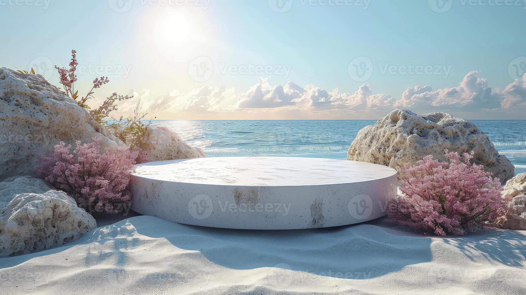 AI generated close-up a white podium in round-shaped displayed on the sand. Blue sky background. photo