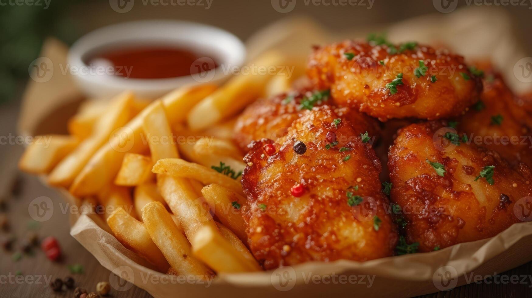 AI generated Close up view of delicious crispy fried chickens with chips. Fast food concept. photo