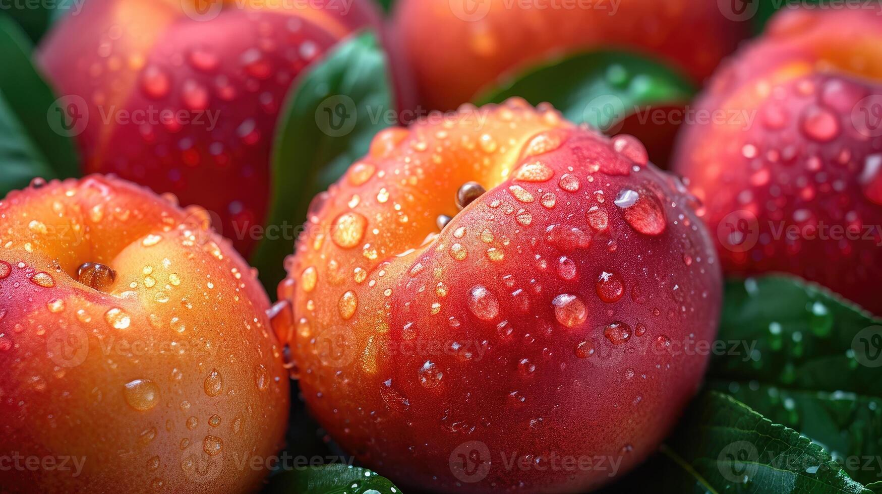 ai generado Fresco duraznos con agua gotas antecedentes. foto