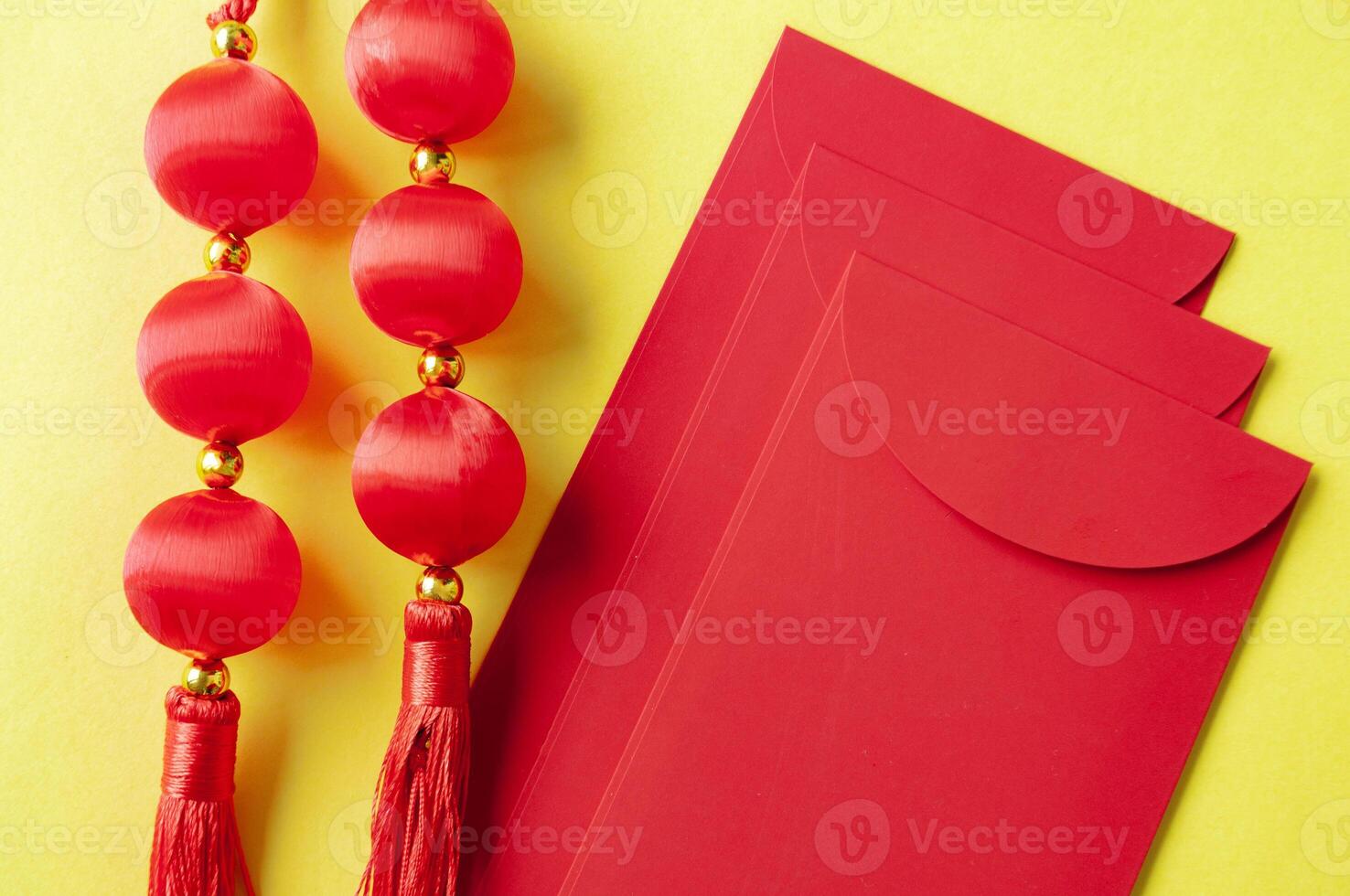 Top view of Chinese New Year red packet with customizable space for text or wishes. Chinese New Year celebration concept photo