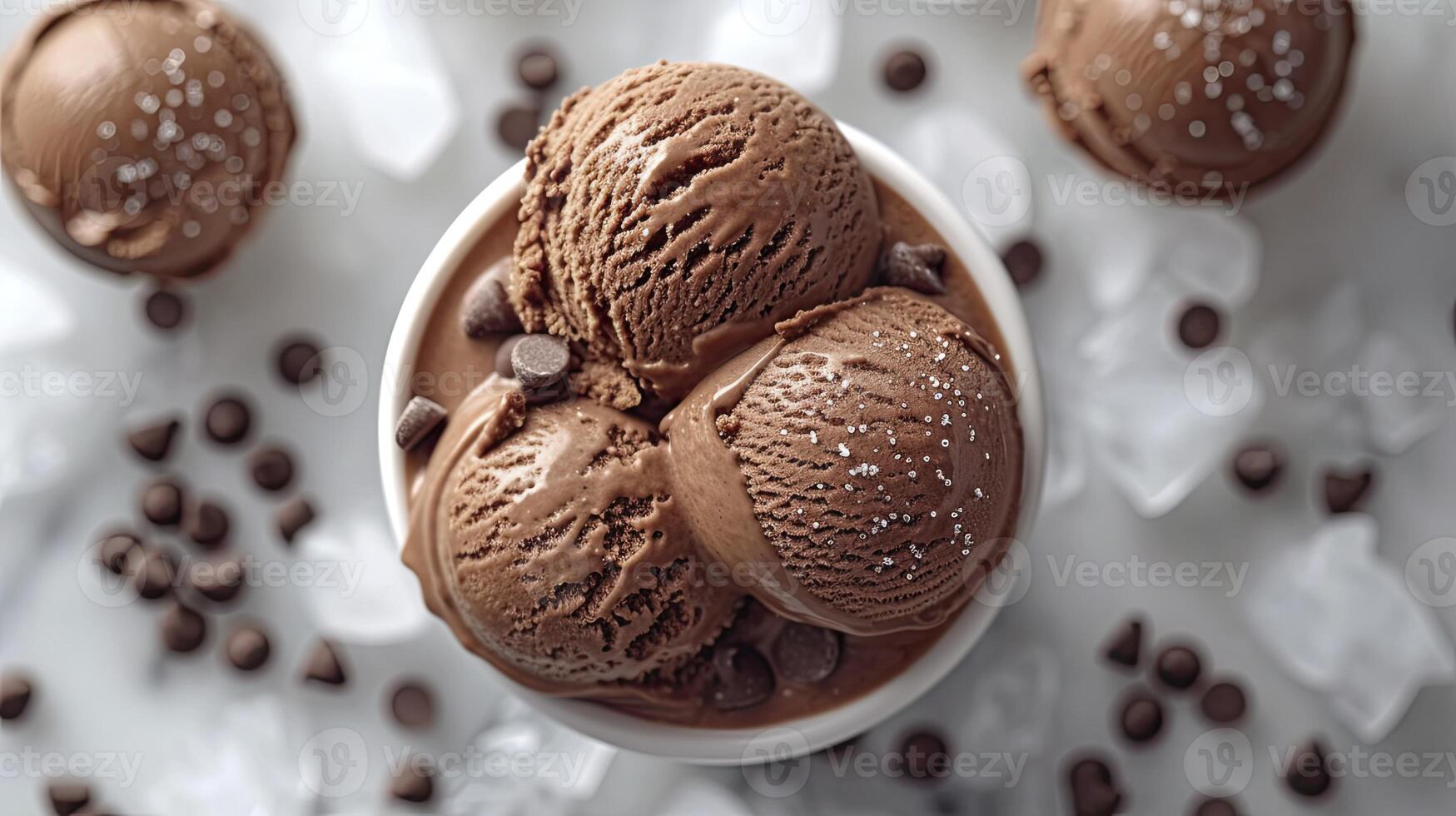 AI generated Delicious chocolate ice cream with ice cubes and choco chips, sweet dessert background. photo