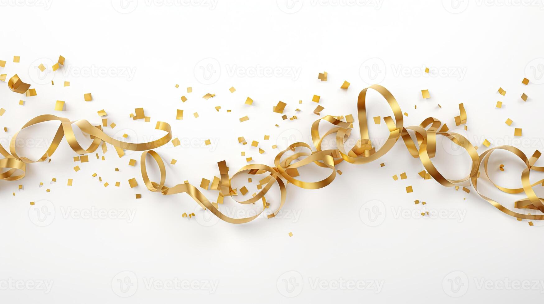 AI generated Golden Tiny Confetti And Streamer Ribbon Falling On White Background. 3d render elegant. photo