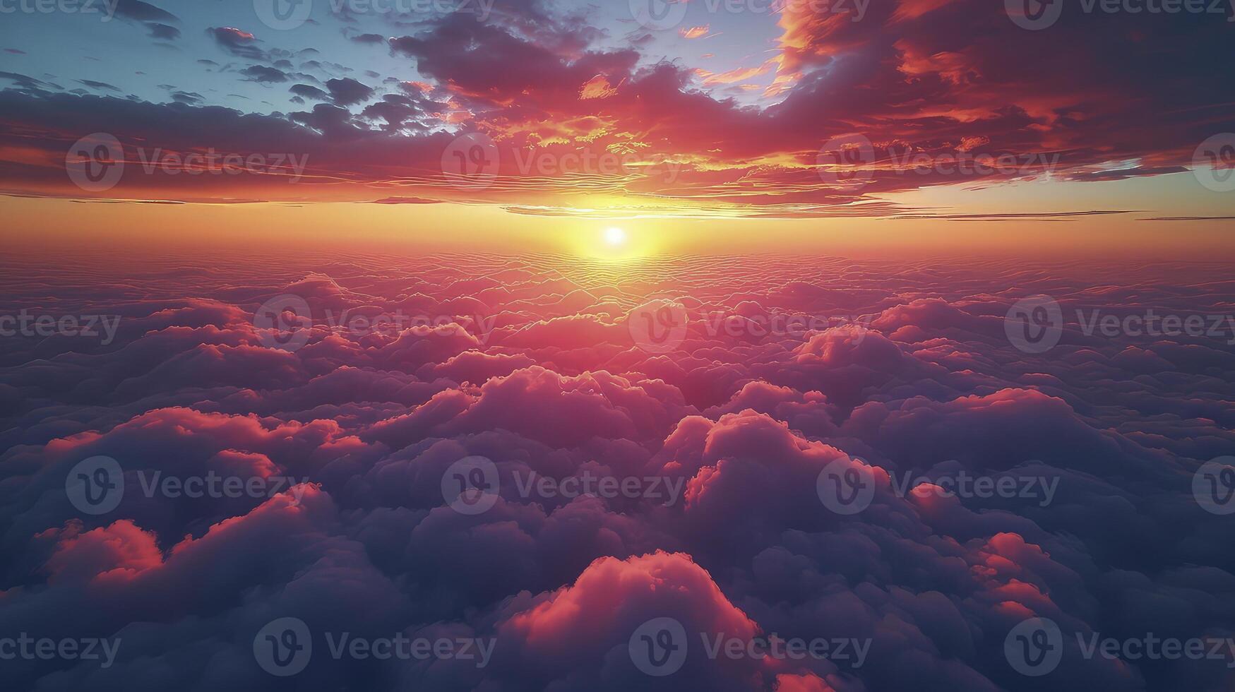 AI generated sunset view with the sky covered by a layer of Altostratus clouds, creating spectacular colors at sunset. aerial view. photo
