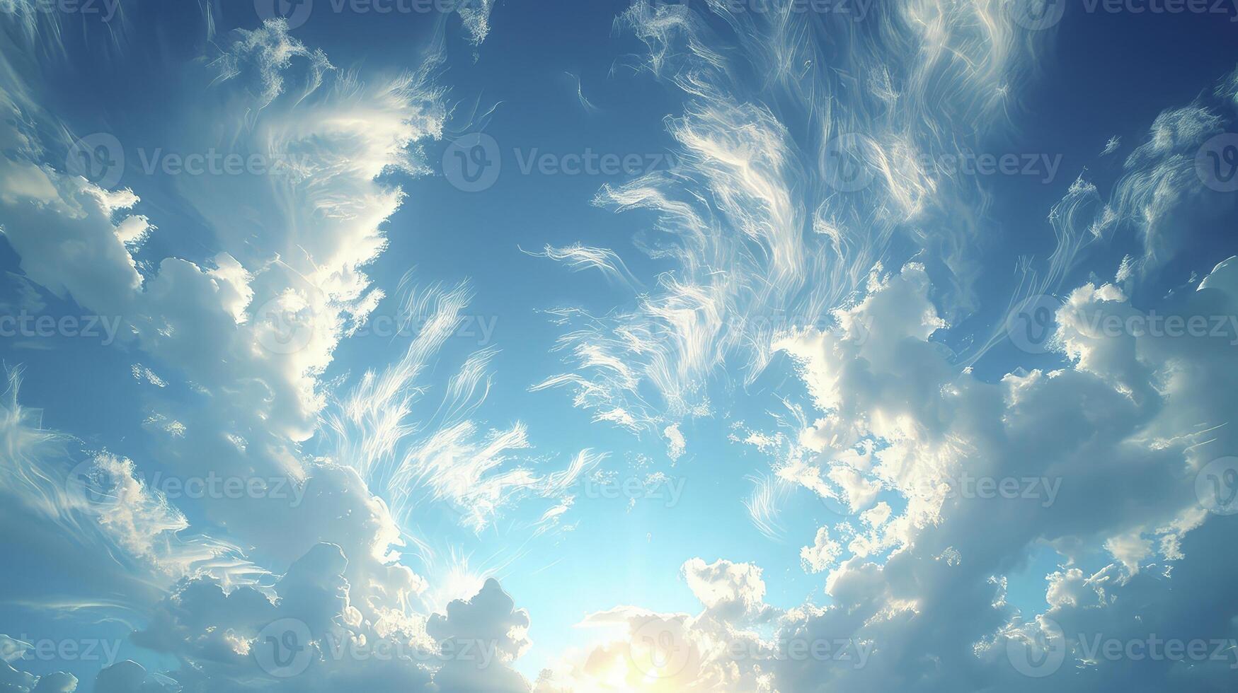 AI generated a clear blue sky scene with a trail of wispy Cirrus clouds and fine grains. photo