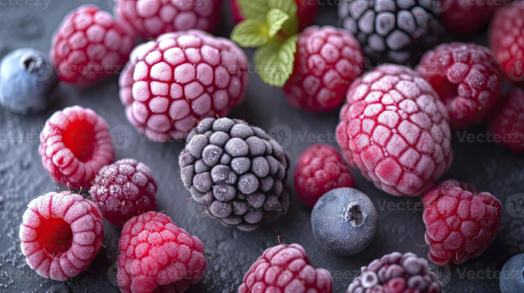 AI generated Frozen Berry Medley Strawberries, Blueberries, frozen berries background. photo