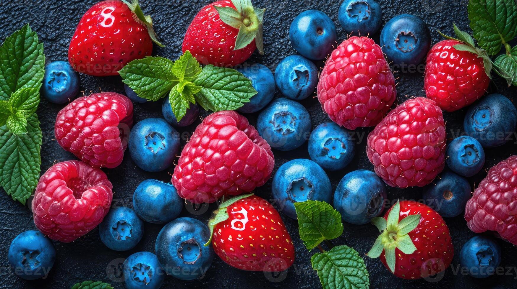 AI generated Mix of berries such as strawberries, blueberries, and raspberries arranged artfully for a burst of color background. photo