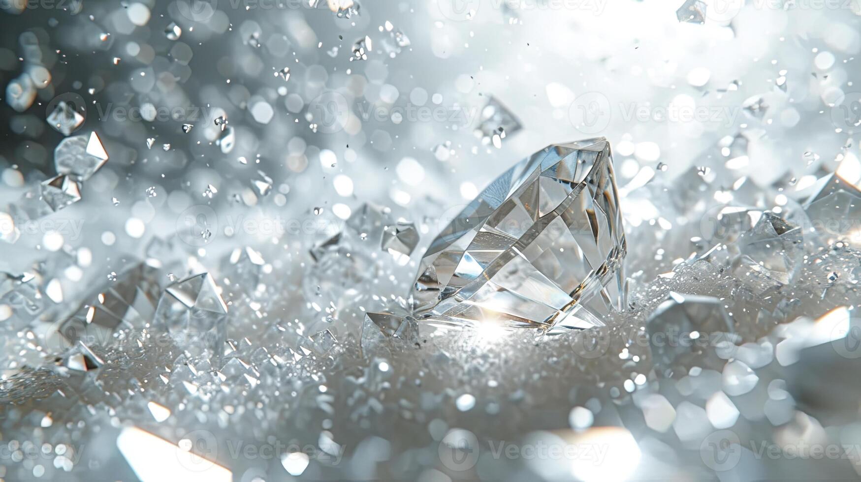 AI generated White background booth, scattered diamonds falling from above, very flash, crystal clear, star powder, center composition, split lighting, creative background design. Abstract Background. photo