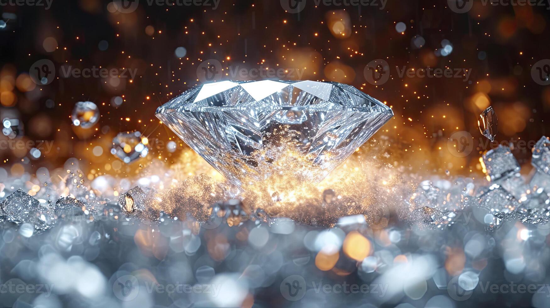 AI generated Scattered white diamonds and crystals falling from above, very shiny, clear, golden glow, star powder, centerpiece composition, creative background design. Abstract Background. photo