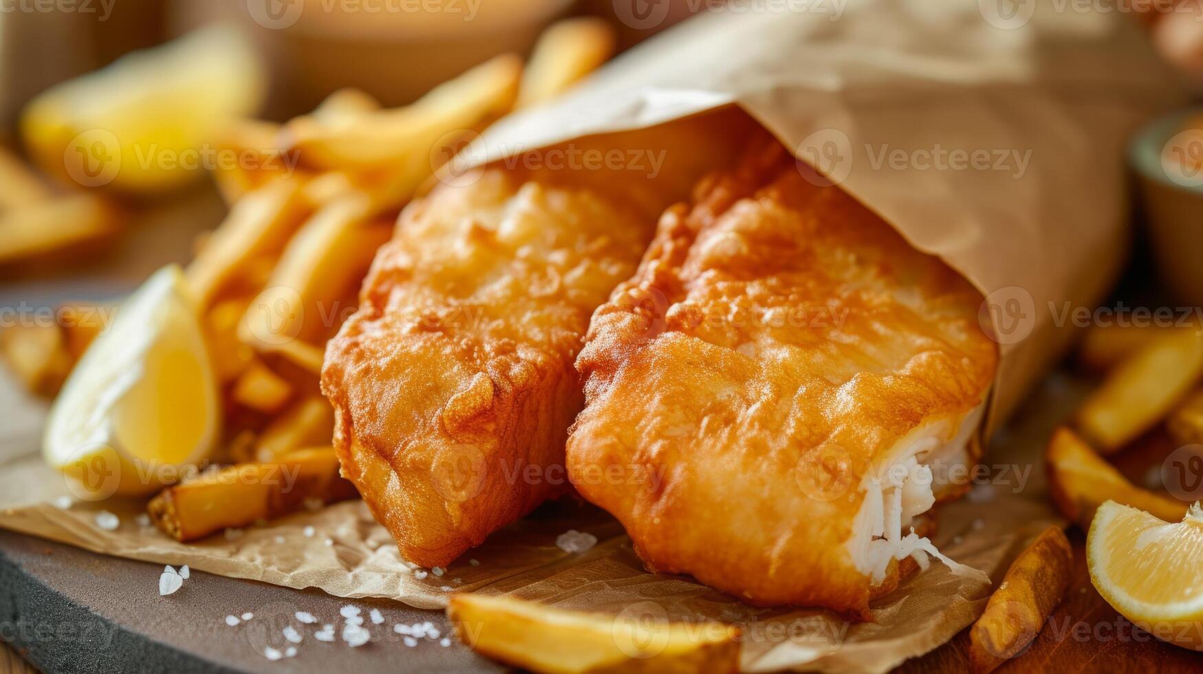 Close up of fish and chips with french fries. Fast food concept. photo