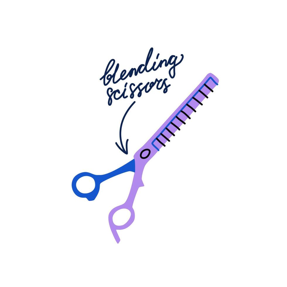Blending scissors vector isolated clipart. Tool for professional hairdressers and pet groomers in flat trendy style. Thinning shears sticker with handwritten typography