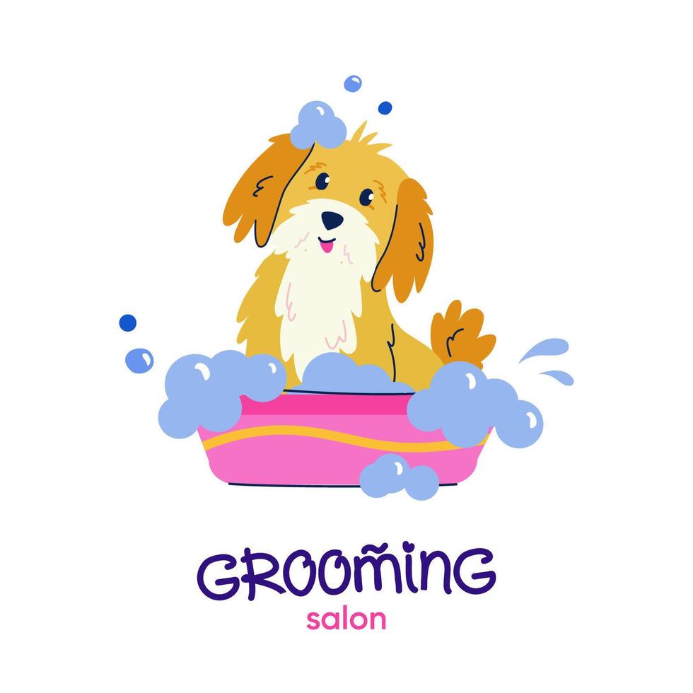 Grooming salon. Cute bathing dog in flat cartoon style. Vector logo design with handwritten typography for branding, banner, poster, postcard. Pet grooming concept