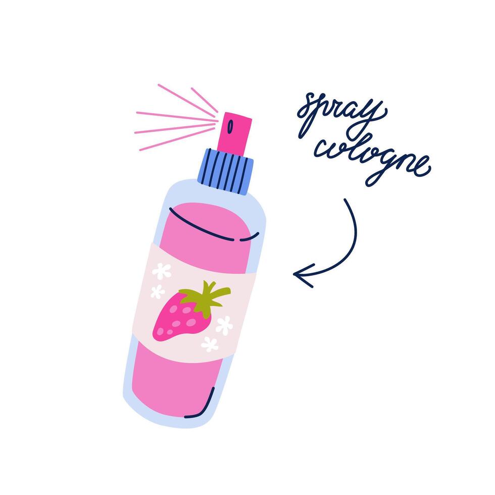 Cologne spray bottle vector isolated clipart. Odor eliminator illustration in flat trendy style with handwritten typography
