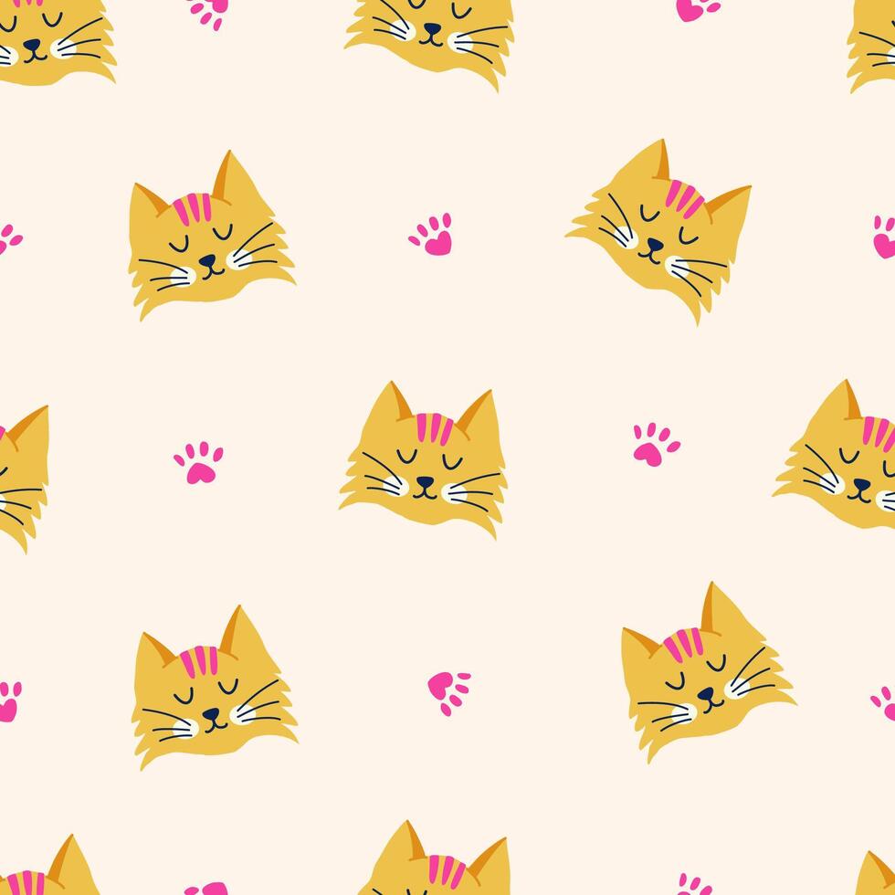 Simple seamless pattern with cat and paw print on beige background. Hand drawn vector illustration for stylish cover, cases, wallpaper, prints, wrapping, textile