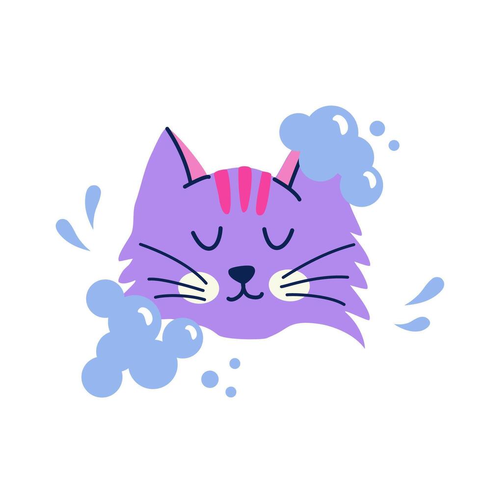 Cute cat head with soapy foam in flat cartoon style. Vector isolated hand drawn illustration for sticker, banner, poster, postcard. Pet grooming concept