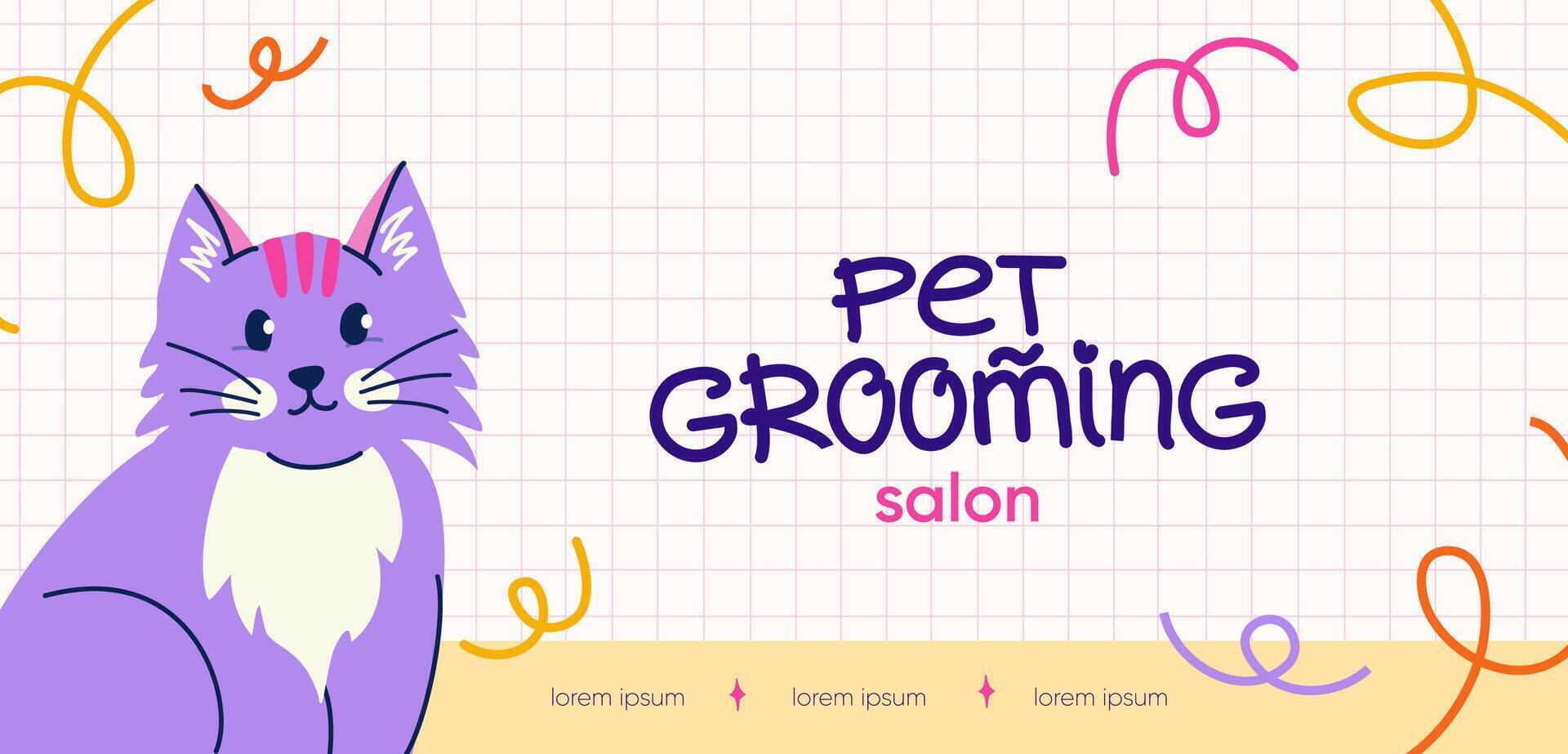 Pet grooming website banner design. Cute purple cat in flat trendy style. Vector template with handwritten typography