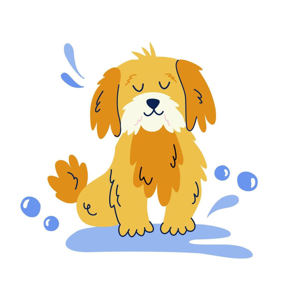 Cute bathing dog in flat cartoon style. Vector isolated hand drawn illustration for sticker, banner, poster, postcard. Dog grooming concept