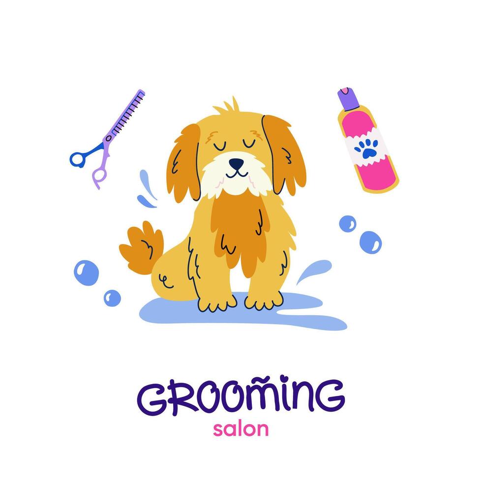 Pet grooming. Cute happy dog in flat cartoon style. Dog shampoo, blending scissors, pet cosmetics. Vector logo design with handwritten typography for branding, banner, poster, postcard