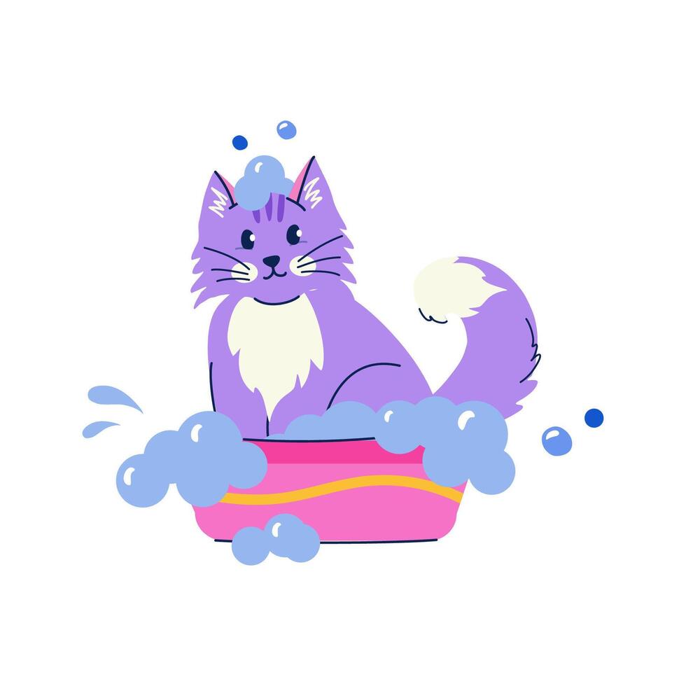 Cute bathing purple cat in flat cartoon style. Vector isolated hand drawn illustration for sticker, banner, poster, postcard. Pet grooming concept