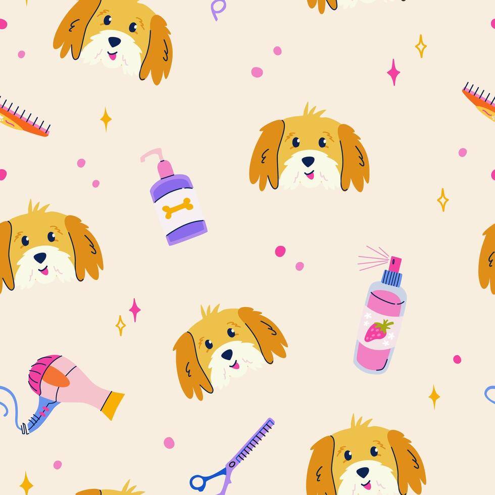 Seamless pattern with adorable dog, scissors, coat conditioner, hair dryer. Pet grooming concept. Cute and modern vector background for social media, posts, prints