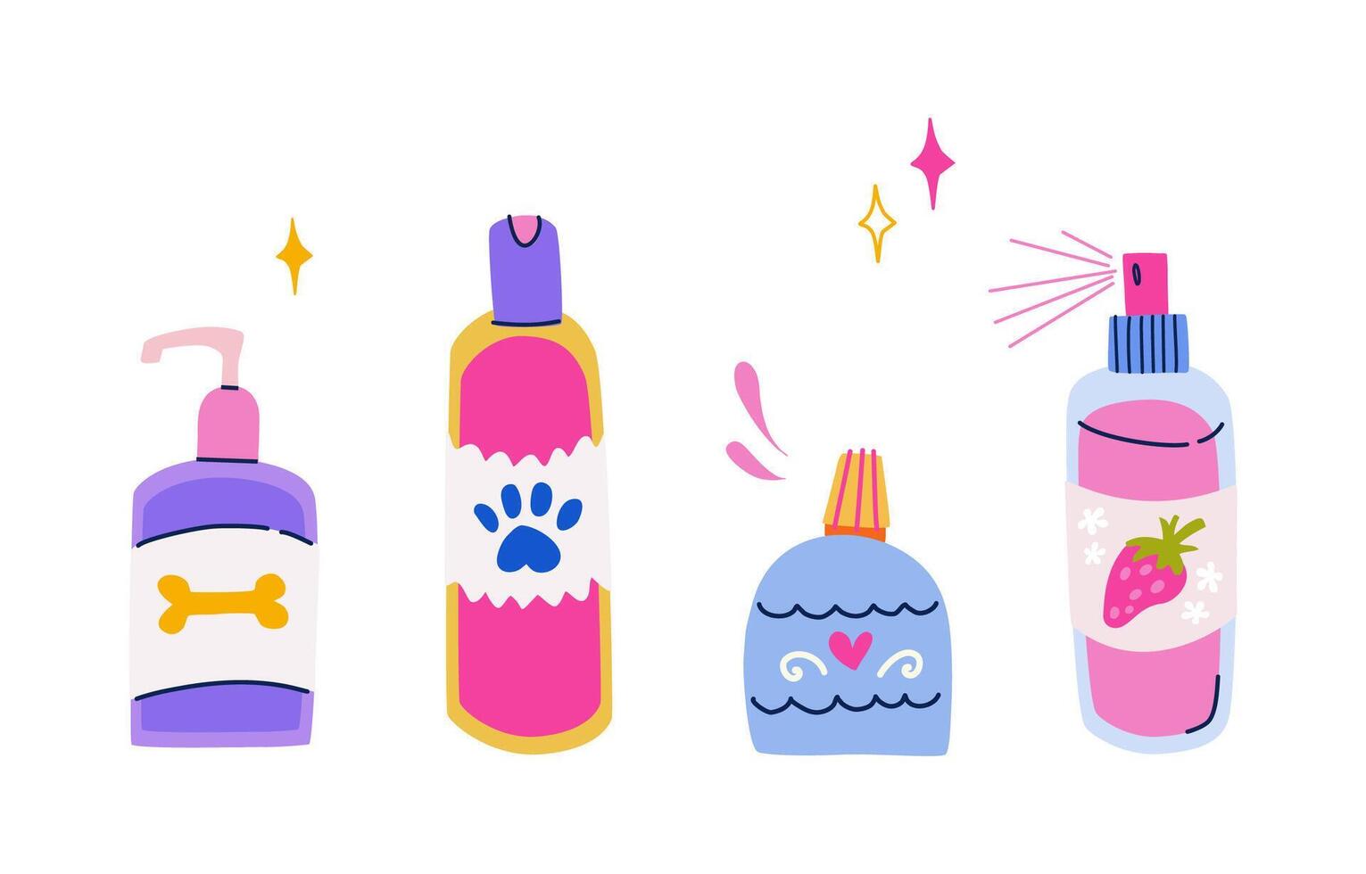 Vector set of pet care products. Shampoo, conditioner, scrub and cologne spray. Cosmetics for pet groomers and owners in flat trendy colorful style. Dog washing supplies isolated cliparts