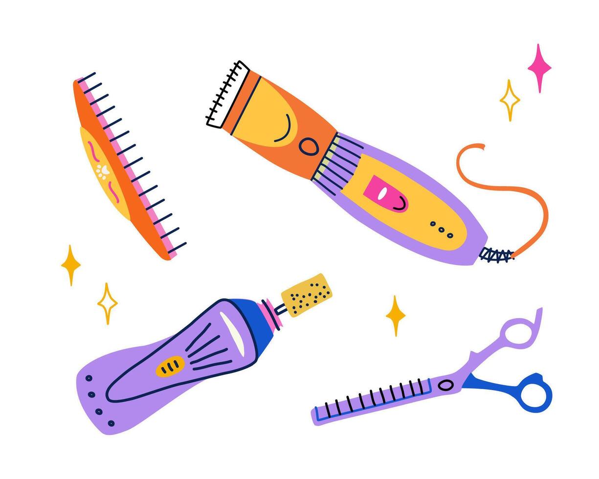 Vector cliparts set of pet grooming equipments. Hair clipper, nail grinder, blending scissors and comb. Tools for professional groomers in flat trendy colorful style. Banner design