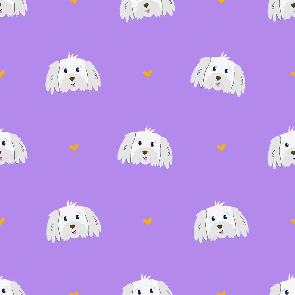 Simple seamless pattern with cute dog and hearts on violet background. Hand drawn vector illustration for stylish cover, cases, wallpaper, prints, wrapping, textile