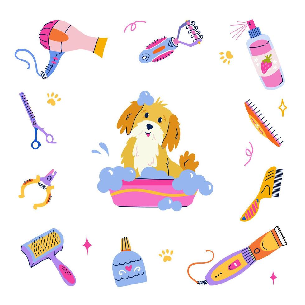 Pet grooming concept. Cute bathing dog in soapy foam. Set of equipment, tools and cosmetics for grooming. Vector frame in flat cartoon style for branding, banner, poster, postcard