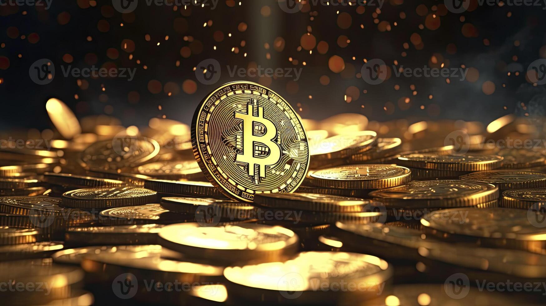 AI generated Shimmering golden bitcoins cascading in slow motion, aesthetic style, photo