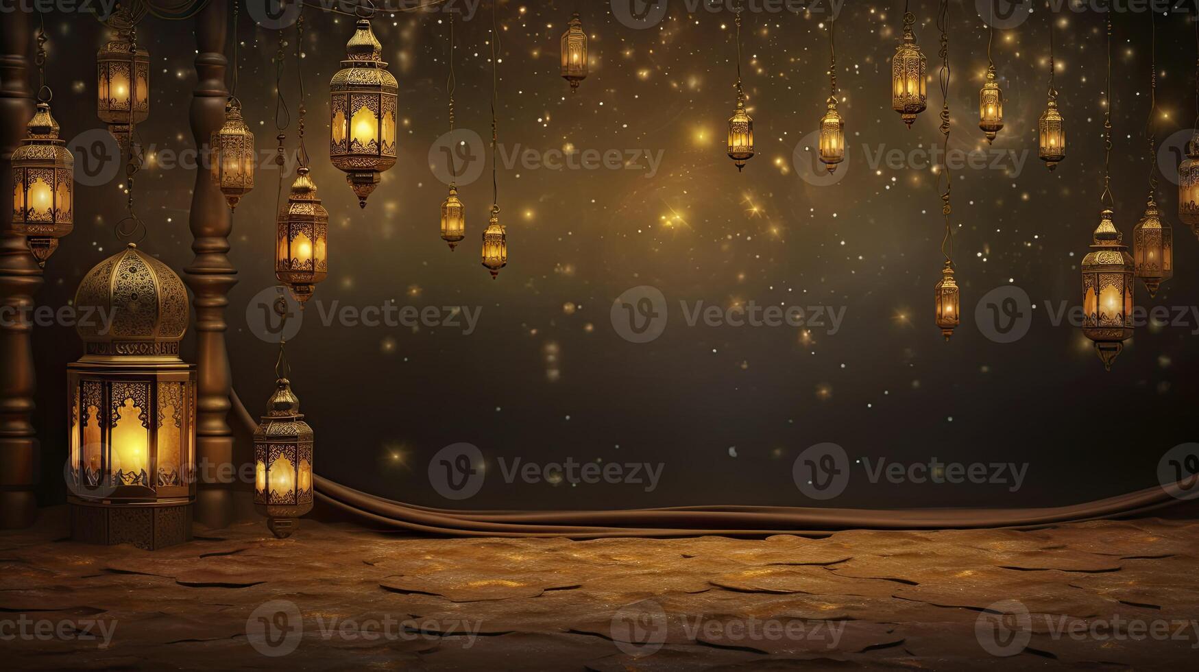 AI generated Ramadan themed background, shiny nipple wall, gold lanterns in the corner, gold particles and small lanterns hanging, Art Nouveau style photo