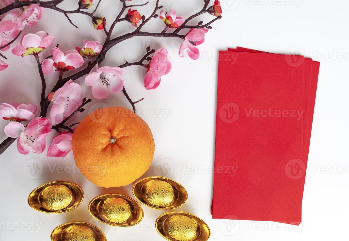 Top view of red packet with customizable space for text or greetings. Lunar celebrations and copy space. photo