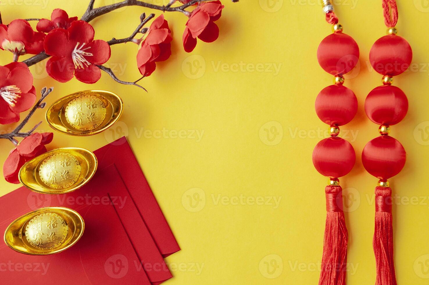 Top view of Chinese New Year decoration with customizable space for text or wishes. Chinese New Year celebration concept. photo