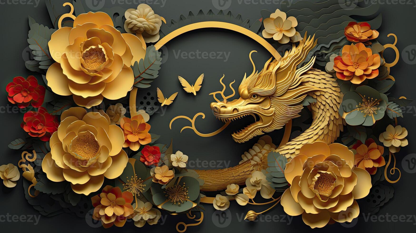 AI generated Happy chinese new year 2024 the dragon zodiac sign with flower,lantern,asian elements gold paper cut style on color background. luxury style. copy space. photo