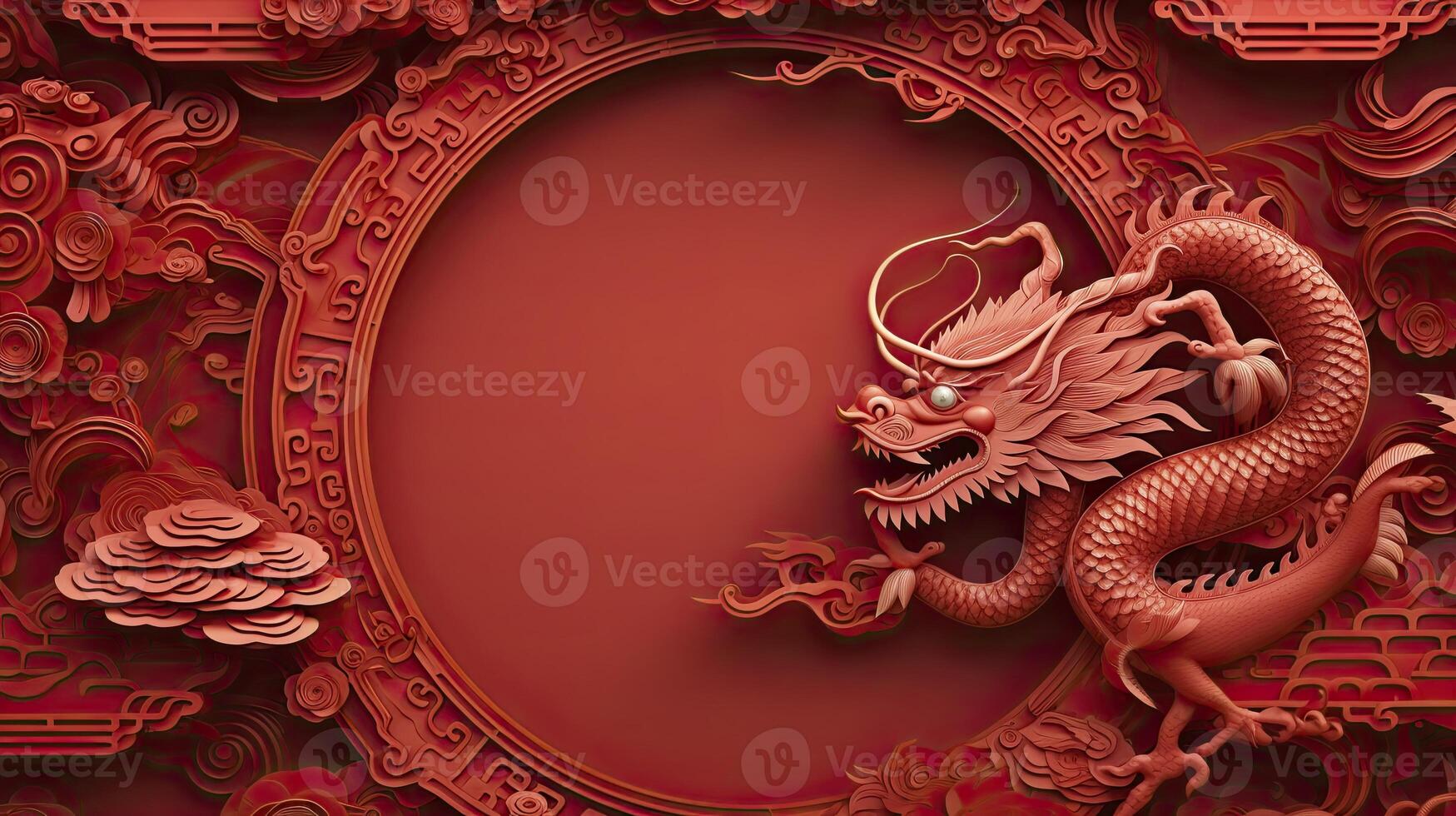 AI generated Chinese New Year theme plain background with dragon sign, typical Chinese frames on each side. luxury style of paper cut art. photo