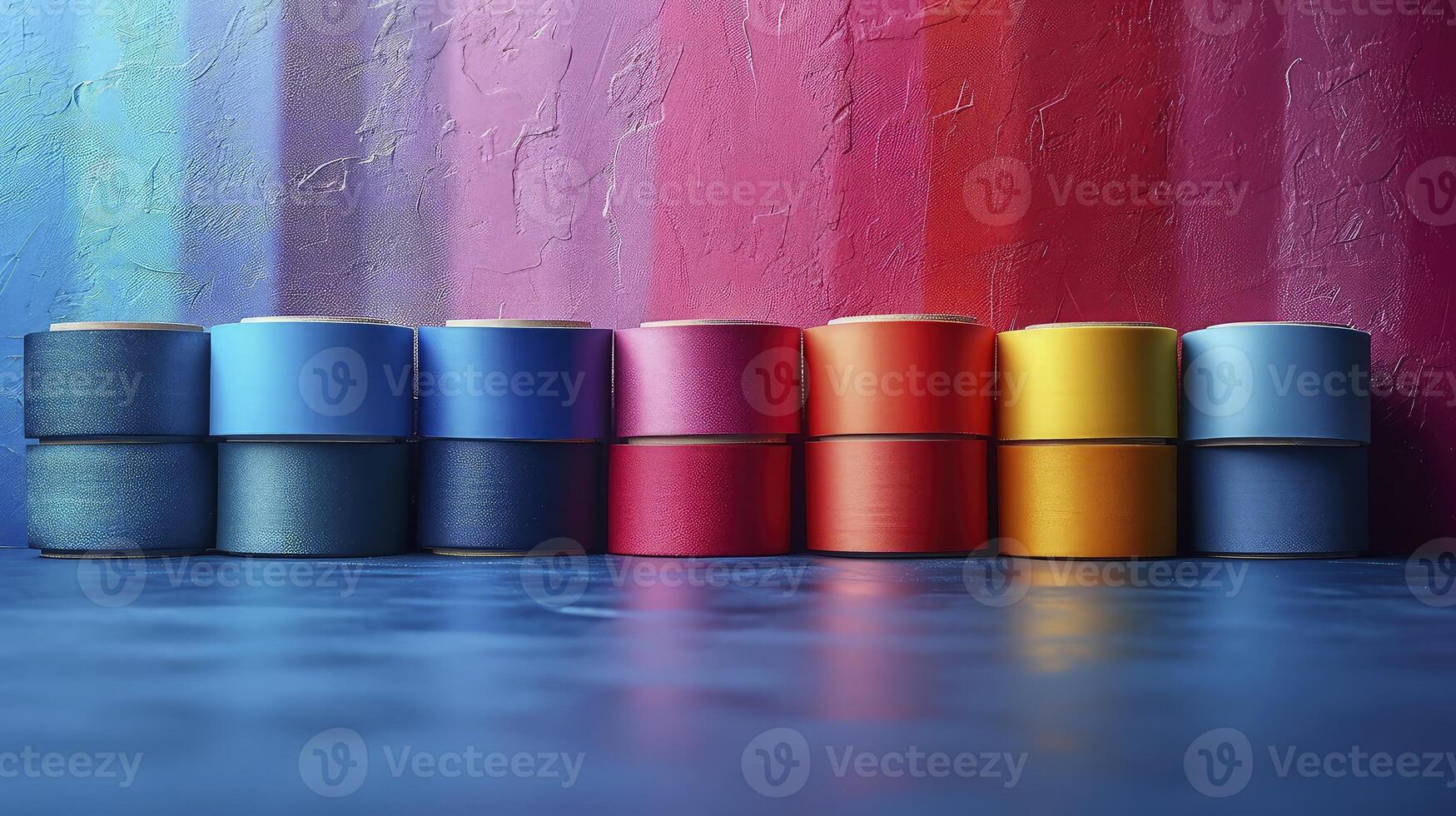 AI generated rolls of colorful ribbons lined up. photo