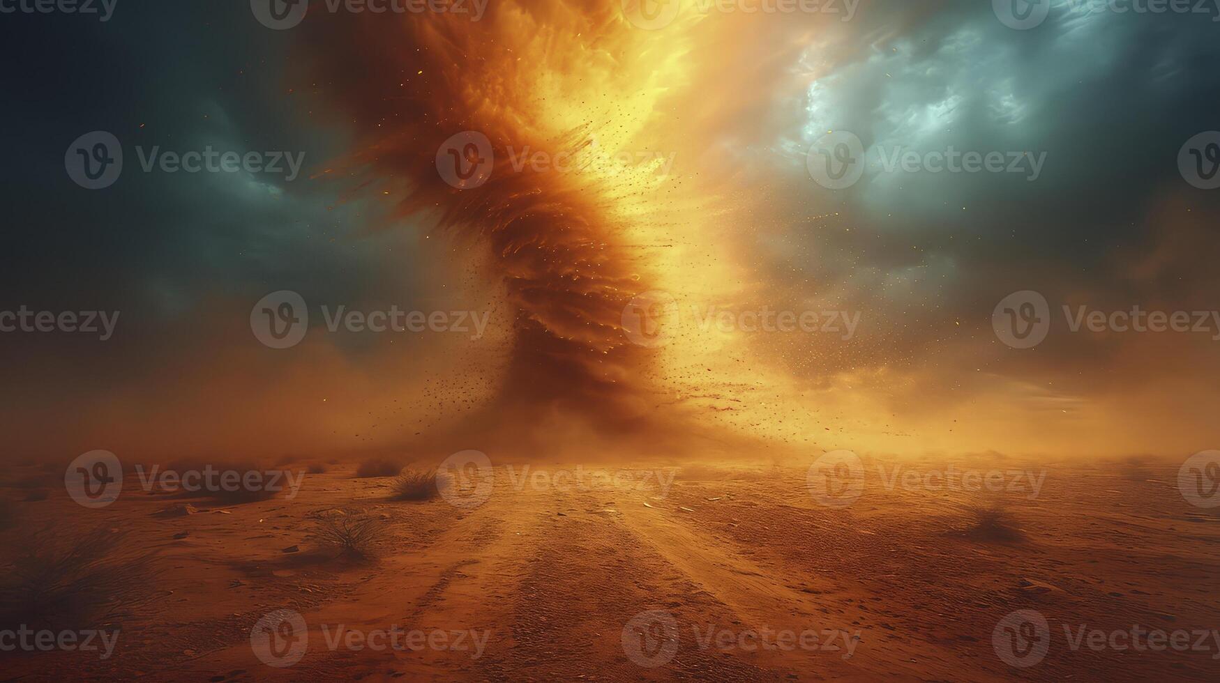 ai generado un arena tornado en el medio de un brillante Desierto durante el día, con arena paso mediante el aire. foto