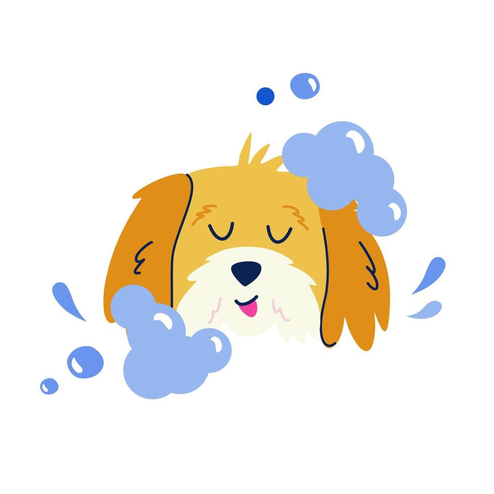 Cute dog head with soapy foam in flat cartoon style. Vector isolated hand drawn illustration for sticker, banner, poster, postcard. Pet grooming concept