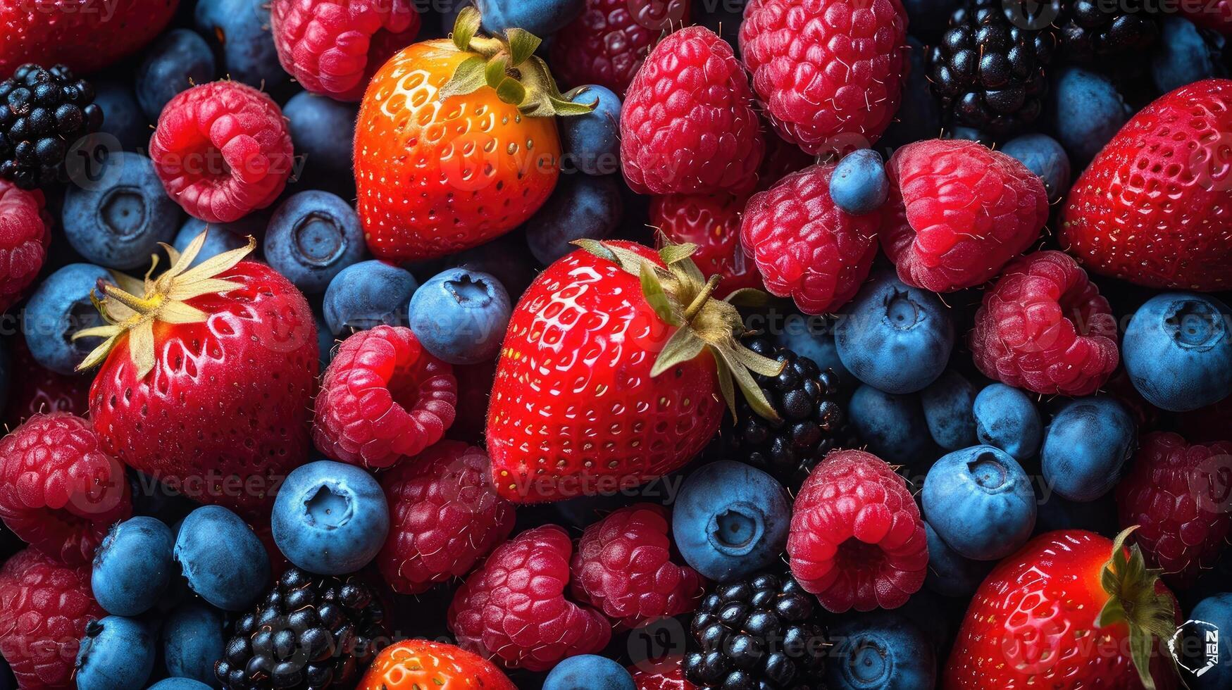 ai generado mezcla de bayas tal como fresas, arándanos, y frambuesas arreglado ingeniosamente para un Estallar de color antecedentes. foto