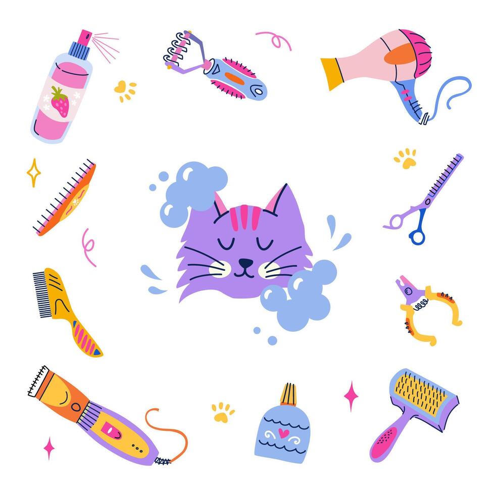 mascota aseo concepto. linda baños gato en jabonoso espuma. conjunto de equipo, herramientas y productos cosméticos para aseo. vector marco en plano dibujos animados estilo para marca, correo, bandera, tarjeta postal