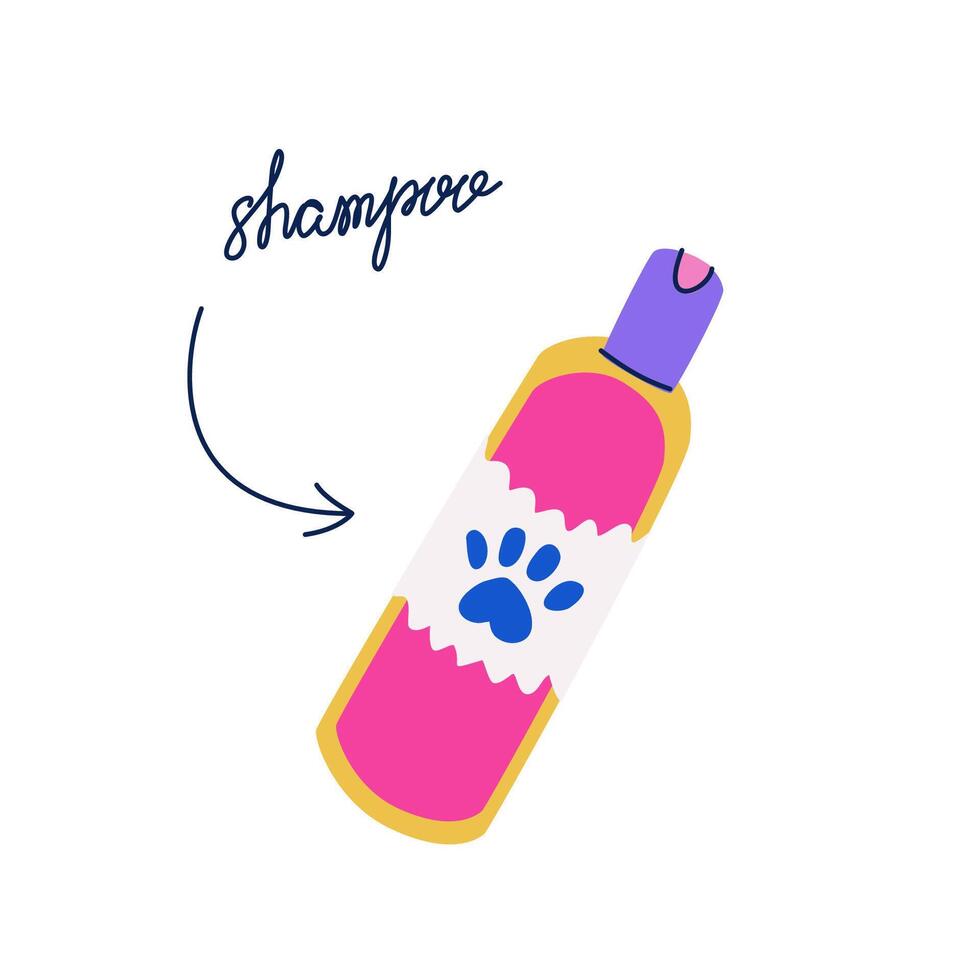 Pet shampoo bottle vector isolated clipart. Pet care product illustration for groomers in flat trendy style. Dog washing cosmetics sticker with handwritten typography