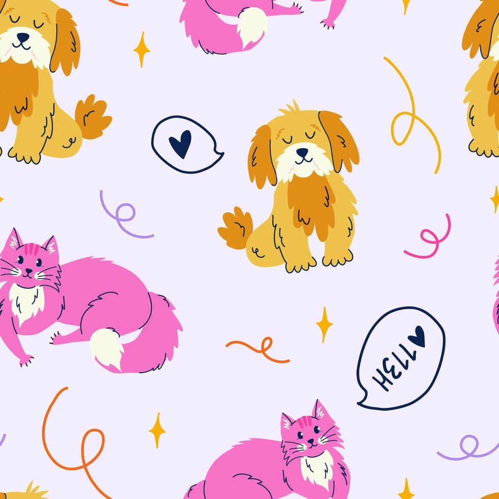 Seamless pattern with adorable cat and dog. Hello speech bubble - hand drawn lettering. Vibrant and modern vector background for stylish cover, cases, wallpaper, prints, wrapping, textile