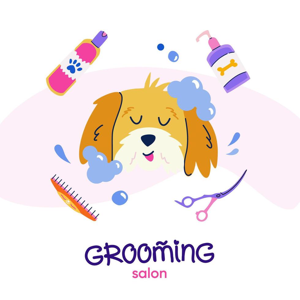 Grooming salon. Cute happy bathing dog in flat cartoon style. Dog conditioner, curved scissors, shampoo for pet grooming. Vector logo design with handwritten typography for banner, poster, postcard