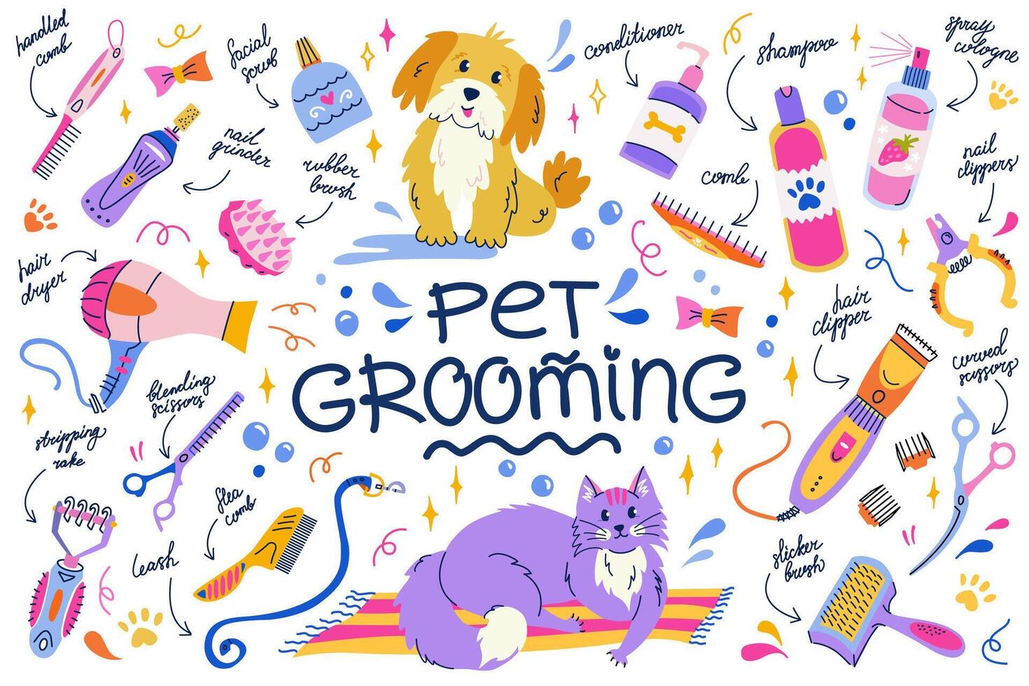 Vector set of equipment and cosmetics for pet grooming in flat cartoon style. Home grooming tools isolated sticker for banners, posters and social media. Stripping rake, nail grinder, flea comp