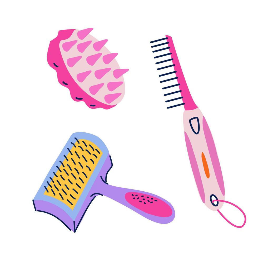 Set of pet hair care tools. Slicker brush, handled comb, rubber brush vector isolated cliparts. Equipment for pet groomers and owners in flat trendy style