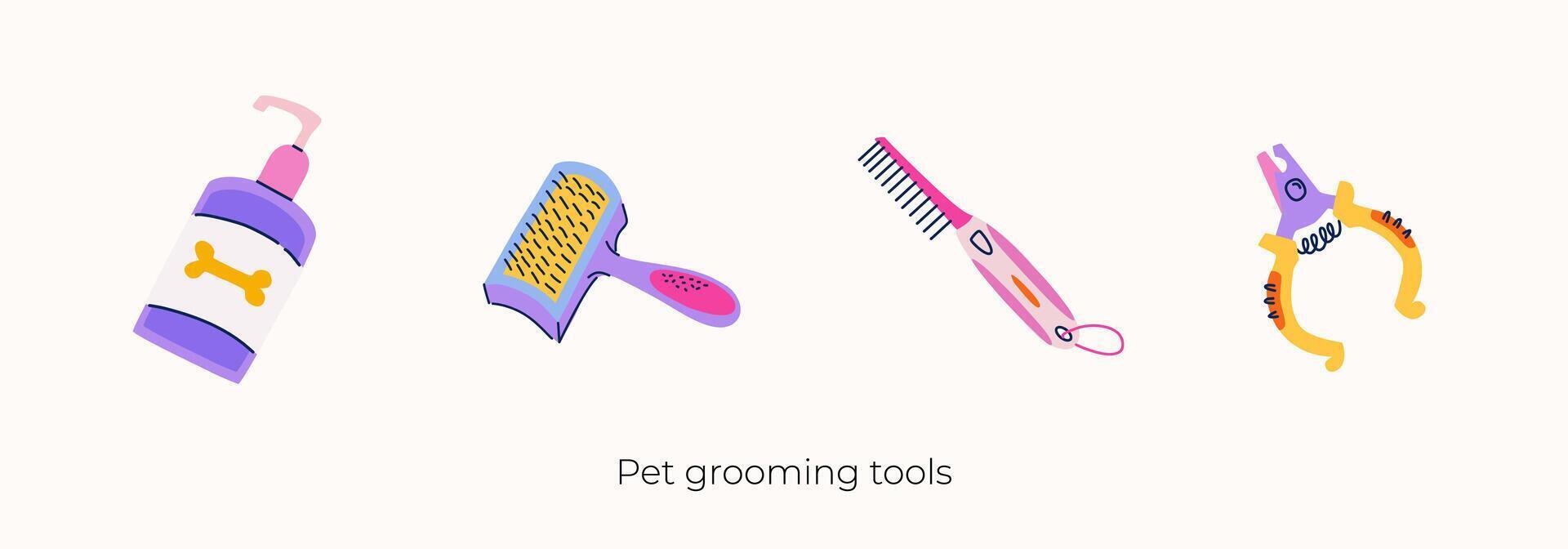 Vector cliparts set of pet grooming tools. Slicker brush, nail clippers, coat conditioner and handled comb. Equipment for professional groomers in flat trendy colorful style