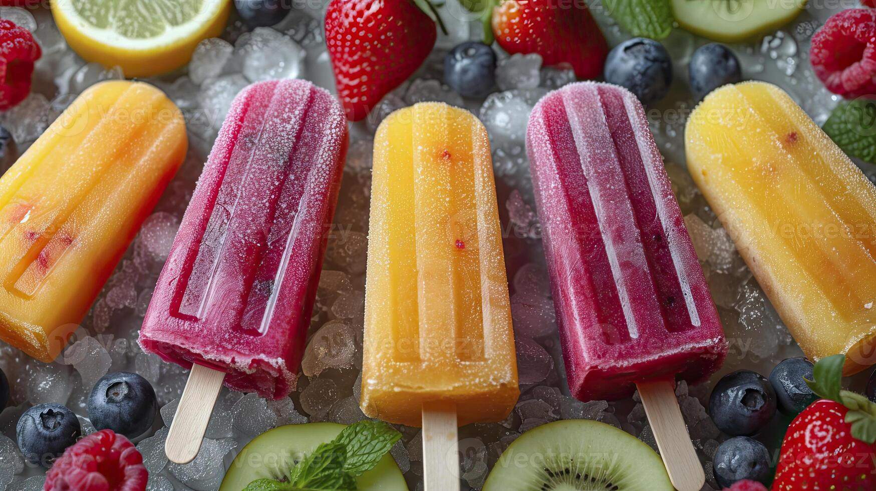 AI generated Fresh fruit popsicles on a white table. fruit popsicles, kiwi, strawberry, orange. Sweet desert background. photo