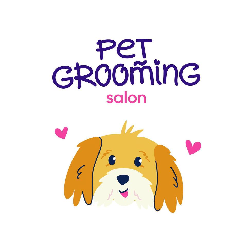 Pet grooming. Cute yellow dog in flat cartoon style. Vector logo design with handwritten typography for branding, banner, poster, postcard