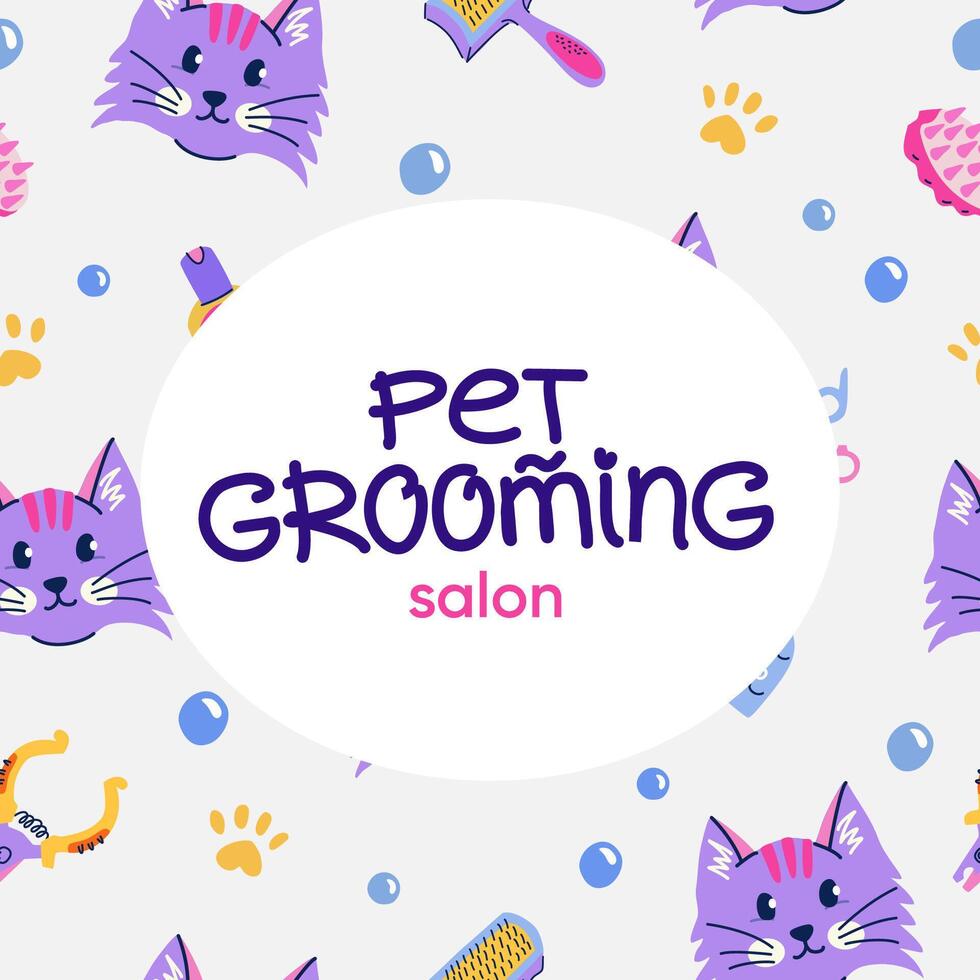 Pet grooming concept. Cute cat pattern. Set of equipment, tools and cosmetics for grooming. Vector background with signboard and typography for branding, post, banner, poster, postcard