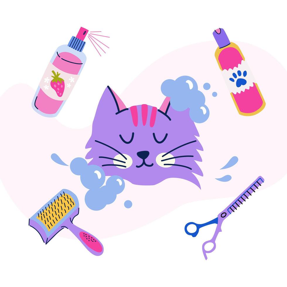 Pet grooming concept. Cute bathing cat in soapy foam. Blending scissors, slicker brush, cologne spray. Flat cartoon vector frame for post, banner, poster, postcard